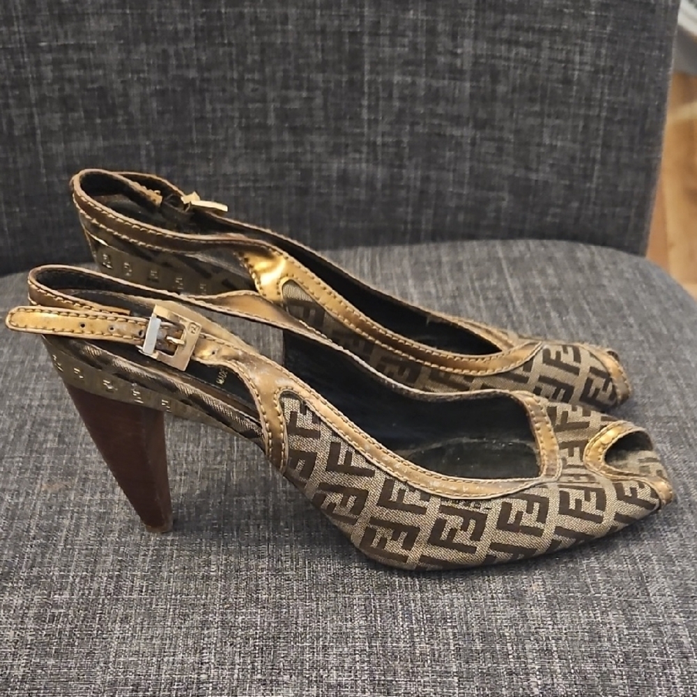 Fendi Brown Monogram Peep-Toe Heels - Picture 1 of 8